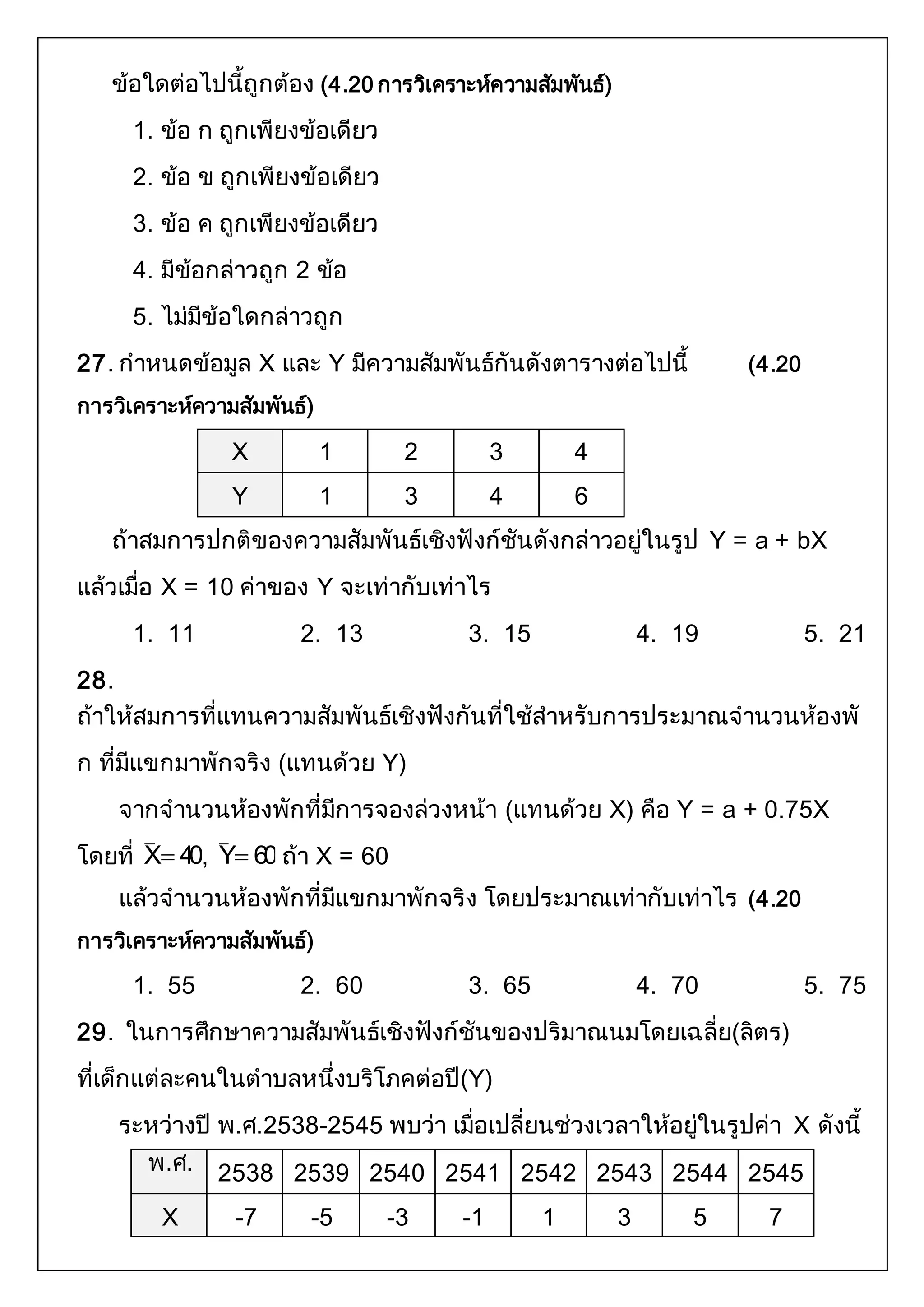 ข้อใดต่อไปนี้ถูกต้อง (4.20 การวิเคราะห์ความสัมพันธ์) 
1. ข้อ ก ถูกเพียงข้อเดียว 
2. ข้อ ข ถูกเพียงข้อเดียว 
3. ข้อ ค ถูกเพียงข้อเดียว 
4. มีข้อกล่าวถูก 2 ข้อ 
5. ไม่มีข้อใดกล่าวถูก 
27. กาหนดข้อมูล X และ Y มีความสัมพันธ์กันดังตารางต่อไปนี้ (4.20 
การวิเคราะห์ความสัมพันธ์) 
X 1 2 3 4 
Y 1 3 4 6 
ถ้าสมการปกติของความสัมพันธ์เชิงฟังก์ชันดังกล่าวอยู่ในรูป Y = a + bX 
แล้วเมื่อ X = 10 ค่าของ Y จะเท่ากับเท่าไร 
1. 11 2. 13 3. 15 4. 19 5. 21 
28. 
ถ้าให้สมการที่แทนความสัมพันธ์เชิงฟังกันที่ใช้สาหรับการประมาณจานวนห้องพั 
ก ที่มีแขกมาพักจริง (แทนด้วย Y) 
จากจานวนห้องพักที่มีการจองล่วงหน้า (แทนด้วย X) คือ Y = a + 0.75X 
โดยที่ X 40  , Y 60  ถ้า X = 60 
แล้วจานวนห้องพักที่มีแขกมาพักจริง โดยประมาณเท่ากับเท่าไร (4.20 
การวิเคราะห์ความสัมพันธ์) 
1. 55 2. 60 3. 65 4. 70 5. 75 
29. ในการศึกษาความสัมพันธ์เชิงฟังก์ชันของปริมาณนมโดยเฉลี่ย(ลิตร) 
ที่เด็กแต่ละคนในตาบลหนึ่งบริโภคต่อปี(Y) 
ระหว่างปี พ.ศ.2538-2545 พบว่า เมื่อเปลี่ยนช่วงเวลาให้อยู่ในรูปค่า X ดังนี้ 
พ.ศ. 2538 2539 2540 2541 2542 2543 2544 2545 
X -7 -5 -3 -1 1 3 5 7 
 