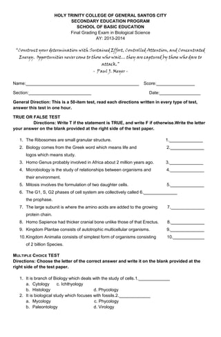 sample test questionnaire in Biological Science