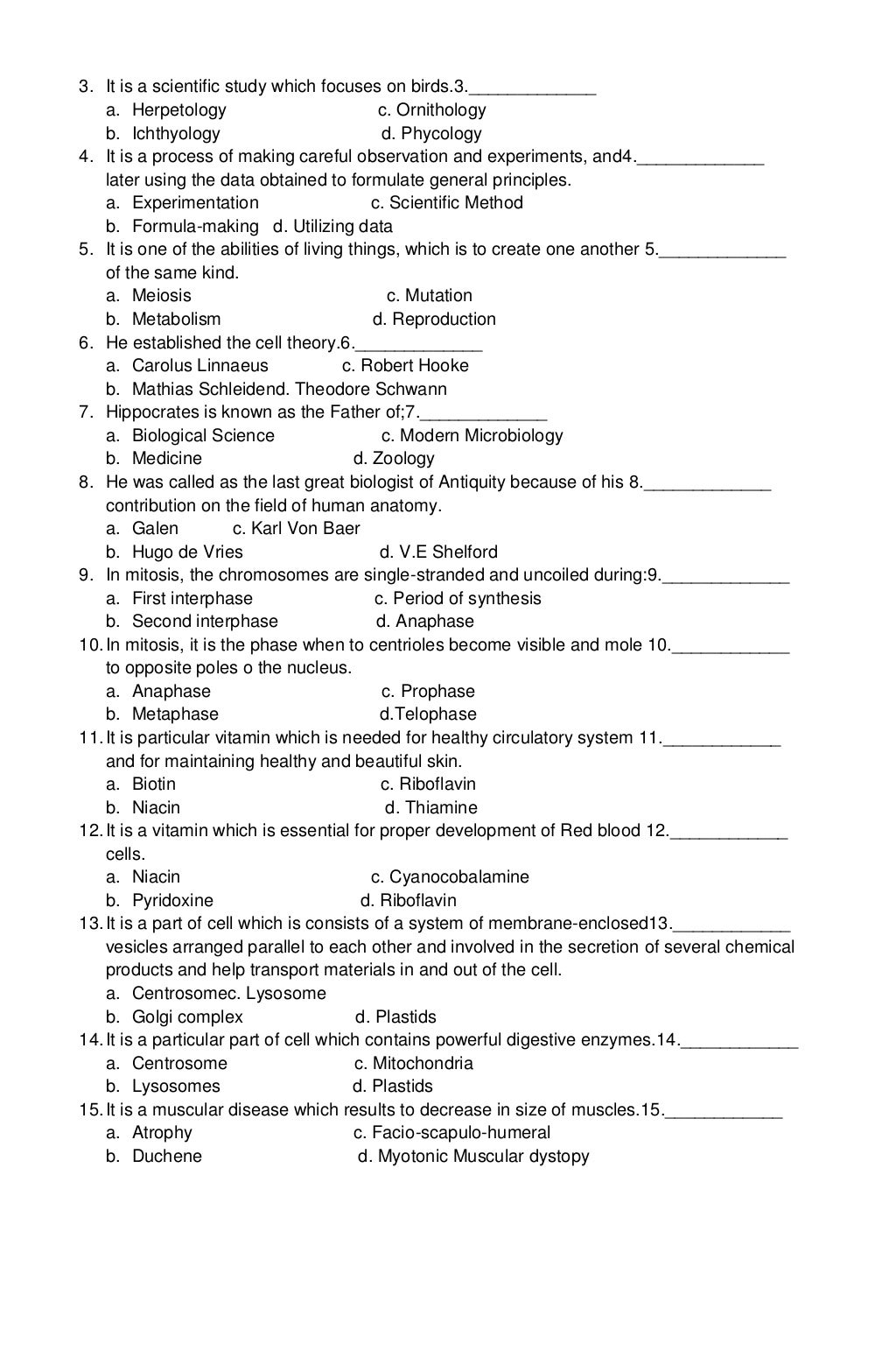 sample test questionnaire in Biological Science