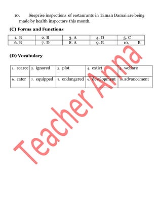 10. Sueprise inspections of restaurants in Taman Damai are being
made by health inspectors this month.
(C) Forms and Functions
1. B 2. B 3. A 4. D 5. C
6. B 7. D 8. A 9. B 10. B
(D) Vocabulary
1. scarce 2. ignored 3. plot 4. extict 5. welfare
6. cater 7. equipped 8. endangered 9. development 10.advancement
 