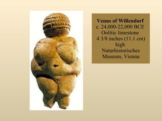 Venus of Willendorf   c. 24,000-22,000 BCE  Oolitic limestone  4 3/8 inches (11.1 cm) high  Naturhistorisches Museum, Vienna 