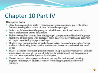 Chapter 10 Part IVDisruptive RolesStage hog: recognition seeker; monopolizes discussions and prevents others from expressing their points of view; wants the spotlight.Isolate: withdraws from the group; acts indifferent, aloof, and uninvolved; resists inclusion in group discussionFighter-controller: tries to dominate groups; competes mindlessly with group members; abuses those who disagree; picks quarrels, interrupts, and generally attempts to control group proceedings.Blocker: expresses negative attitude; looks to tear down other members' ideas without substituting constructive alternatives; incessantly reintroduces dead issuesZealot: attempts to convert group members to a pet cause or viewpoint; delivers sermons on the state of the world; exhibits fanaticism; will not drop an idea that has been rejected or ignored by the group.Clown: interjects inappropriate humor during discussions and meetings; engages in horseplay; diverts attention from the group task with comic routines.