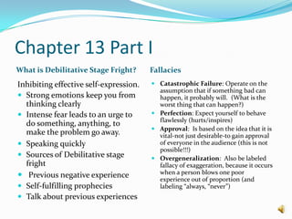 Chapter 13 Part I<br />What is Debilitative Stage Fright?<br />Fallacies <br />Inhibiting effective self-expression.<br />...
