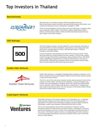 12
The Silicon Valley incubator, venture capital firm, and accelerator specializes in
seed investments in small- and medium -sized startups, early-stage, post-seed,
pre-Series A, and late stage in FinTech. 500 Startups invests in Thailand
through its fund 500 TukTuks.
It has participated in the fundraising of seven FinTech start-ups locally. These
start-ups raised over US$33 million from their investors. The firm has invested
in the five largest Thai FinTech fundraisings: Omise (US$25 million), T2P (US$4
million), DeepPocket (US$4million), Finnomena (US$3 million), and Claim Di
(US $2million). 500 Startups is leading in terms of investments volume locally
both in across industries and financial services sectors.
500 Startups
Golden Gate Ventures is a Singapore-headquartered incubator, accelerator, and a
venture capital firm that invests between US$0.25 and $5 million dollars and with
a fund size of US$70 million.
The firm is one of the most active investors locally, placing second in terms of the
number of FinTech deals, and third across industries. It has participated in four
FinTech start-ups fundraising in Thailand, which have raised over US$28 million
from its investors. Half of Golden Gate Ventures’ investments in Thailand have
been made in the financial sector. The firm was part of the Omise (US$25 million)
and Claim Di (US$2 million) fundraisings.
Golden Gate Ventures
Benchachinda is a Thai telco company offering broadband services;
telecommunication network solutions; personal wireless devices distribution; and
content & multimedia services, established in Bangkok in 1990.
The firm has participated in three FinTech start-ups fundraising in Thailand, which
have raised over US$11 million: T2P (US$4.1 million), DeepPocket (US$4.1
million), and Finnomena (US$3.2 million). All Benchachinda investments have
been made in the FinTech industry.
Benchachinda
CyberAgent Ventures is the venture capital arm of CyberAgent, Inc., a Japanese
media company. Raising more than US$150 million from its limited partners, it
specializes in incubation and investments in startups and early-stage companies.
CyberAgent usually invests between US$500,000 and US$10 million.
The firm has participated in two FinTechs fundraising in Thailand. The two
companies raised over US$2 million from their investors. Investments in financial
services technology account for a fourth of the CyberAgent portfolio allocation in
the country. The Venture Capital fund has co-invested along with other investors
in one of the largest fundraisings: eCommerce (US$29 million), and FinTech with
Claim Di (US$2 million).
CyberAgent Ventures
Top Investors in Thailand
Benchachinda
 