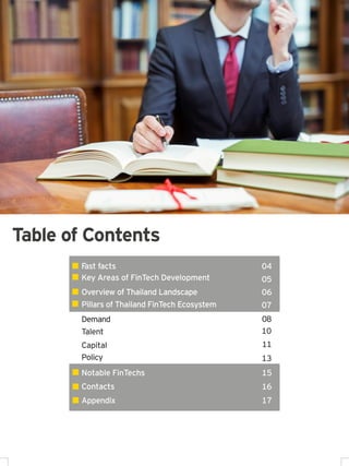 3
40
44
Table of Contents
Fast facts
Key Areas of FinTech Development
Overview of Thailand Landscape
Pillars of Thailand FinTech Ecosystem
04
05
06
07
Demand
Talent
Capital
Policy
08
10
11
13
Contacts
Appendix
15
16
17
Notable FinTechs
 