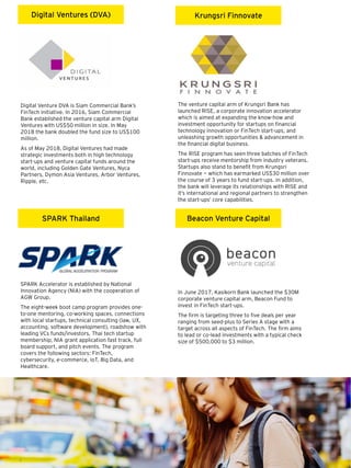 9
The venture capital arm of Krungsri Bank has
launched RISE, a corporate innovation accelerator
which is aimed at expanding the know-how and
investment opportunity for startups on financial
technology innovation or FinTech start-ups, and
unleashing growth opportunities & advancement in
the financial digital business.
The RISE program has seen three batches of FinTech
start-ups receive mentorship from industry veterans.
Startups also stand to benefit from Krungsri
Finnovate — which has earmarked US$30 million over
the course of 3 years to fund start-ups. In addition,
the bank will leverage its relationships with RISE and
it’s international and regional partners to strengthen
the start-ups’ core capabilities.
SPARK Accelerator is established by National
Innovation Agency (NIA) with the cooperation of
AGW Group.
The eight-week boot camp program provides one-
to-one mentoring, co-working spaces, connections
with local startups, technical consulting (law, UX,
accounting, software development), roadshow with
leading VCs funds/investors, Thai tech startup
membership, NIA grant application fast track, full
board support, and pitch events. The program
covers the following sectors: FinTech,
cybersecurity, e-commerce, IoT, Big Data, and
Healthcare.
In June 2017, Kasikorn Bank launched the $30M
corporate venture capital arm, Beacon Fund to
invest in FinTech start-ups.
The firm is targeting three to five deals per year
ranging from seed-plus to Series A stage with a
target across all aspects of FinTech. The firm aims
to lead or co-lead investments with a typical check
size of $500,000 to $3 million.
Digital Venture DVA is Siam Commercial Bank’s
FinTech initiative. In 2016, Siam Commercial
Bank established the venture capital arm Digital
Ventures with US$50 million in size. In May
2018 the bank doubled the fund size to US$100
million.
As of May 2018, Digital Ventures had made
strategic investments both in high technology
start-ups and venture capital funds around the
world, including Golden Gate Ventures, Nyca
Partners, Dymon Asia Ventures, Arbor Ventures,
Ripple, etc.
Digital Ventures (DVA) Krungsri Finnovate
SPARK Thailand Beacon Venture Capital
 