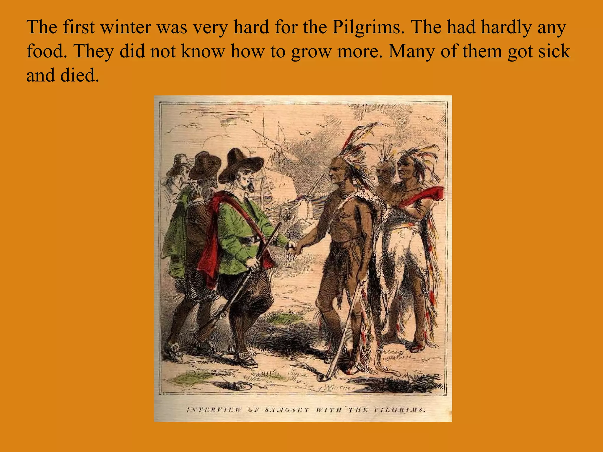 The first winter was very hard for the Pilgrims. The had hardly any
food. They did not know how to grow more. Many of them got sick
and died.

 
