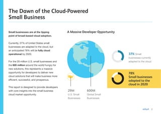 2
Small businesses are at the tipping
point of broad-based cloud adoption.
Currently, 37% of United States small
businesses are adapted to the cloud, but
an anticipated 78% will be fully cloud
operational by 2020.
For the 29 million U.S. small businesses and
the 600 million around the world hungry for
new solutions, this represents a massive
opportunity for developers to deliver new
cloud solutions that will make business more
efficient, successful, and prosperous.
This report is designed to provide developers
with core insights into the small business
cloud market opportunity.
29M
U.S. Small
Businesses
600M
Global Small
Businesses
37% Small
businesses currently
adapted to the cloud
A Massive Developer Opportunity
The Dawn of the Cloud-Powered
Small Business
78%
Small businesses
adapted to the
cloud in 2020
 