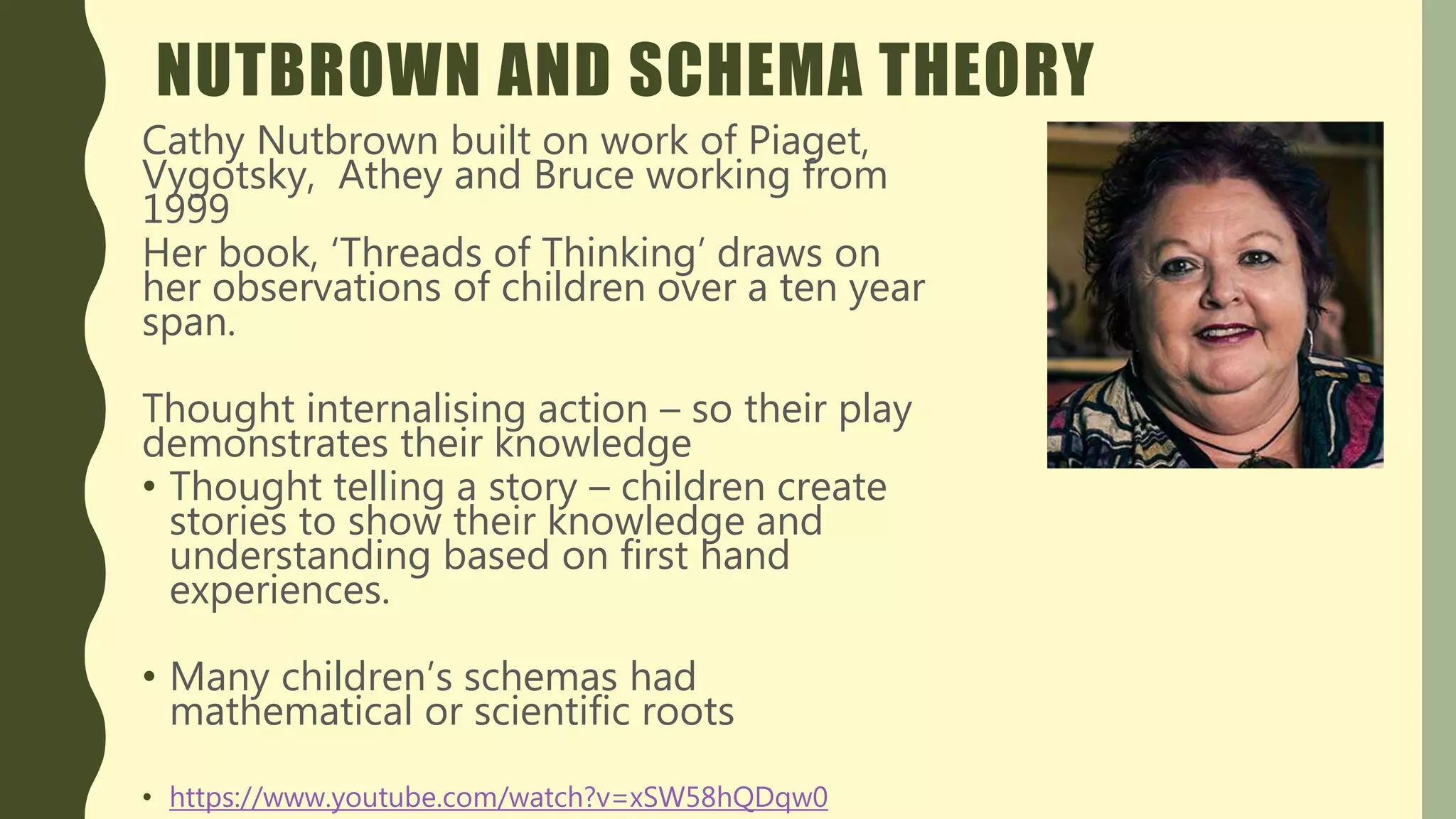 NUTBROWN AND SCHEMA THEORY
Cathy Nutbrown built on work of Piaget,
Vygotsky, Athey and Bruce working from
1999
Her book, ‘Threads of Thinking’ draws on
her observations of children over a ten year
span.
Thought internalising action – so their play
demonstrates their knowledge
• Thought telling a story – children create
stories to show their knowledge and
understanding based on first hand
experiences.
• Many children’s schemas had
mathematical or scientific roots
• https://www.youtube.com/watch?v=xSW58hQDqw0
 
