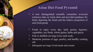 Asian Diet Food Pyramid
• A new distinguished scientiﬁc committee reviewed
extensive data on Asian diets and provided guidance for
better depicting the foods and the relative proportion of
each food group
• Foods to enjoy every day: leafy greens, legumes,
vegetables, soy foods, whole grains, herbs and spices
• Fish or shellﬁsh servings twice each week.
• Moderate portions of eggs, poultry, and healthy cooking
oils
• Infrequent servings of red meats and sweets
 