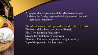 A graphical representation of the Mediterranean diet .
It shows the food groups in the Mediterranean diet and
their ideal frequency
The Mediterranean diet pyramid is divided into five parts:
The base: Make these part of your lifestyle
First Tier: Eat these foods daily
Second tier: Eat these twice a week
Third tier: Eat moderate portions daily to weekly
Top of the pyramid: Eat less often
 