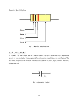 31 
Example: 1k or 1000 ohms 
Fig 3.5: Resistor Band Selection 
3.2.5. CAPACITORS 
A capacitor can store charge, and its capacity to store charge is called capacitance. Capacitors 
consist of two conducting plates, separated by an insulating material (known as dielectric). The 
two plates are joined with two leads. The dielectric could be air, mica, paper, ceramic, polyester, 
polystyrene, etc. 
Fig 3.6: Capacitor Symbol 
 