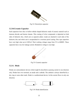 Fig 3.8: Electrolytic capacitor 
3.2.10.Ceramic Capacitor 
Such capacitors have disc or hollow tabular shaped dielectric made of ceramic material such as 
titanium dioxide and barium titanate. Thin coating of silver compounds is deposited on both 
sides of dielectric disc, which acts as capacitor plates. Leads are attached to each sides of the 
dielectric disc and whole unit is encapsulated in a moisture proof coating. Disc type capacitors 
have very high value up to 0.001uf. Their working voltages range from 3V to 60000V. These 
capacitors have very low leakage current. Breakdown voltage is very high. 
Fig 3.9: Ceramic capacitor 
33 
3.2.11. Diode 
Diodes are semiconductor devices which might be described as passing current in one direction 
only. Diodes have two terminal, an anode and a cathode. The cathode is always identified by a 
dot, ring or some other mark. Diode is a unidirectional device. In this current flows in only one 
direction. 
Fig 3.10: Diode identification 
 