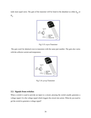 node must equal zero). The gain of the transistor will be listed in the datasheet as either β 
38 
DC 
or 
H 
. 
fe 
Fig 3.15: n-p-n Transistor 
The gain won't be identical even in transistors with the same part number. The gain also varies 
with the collector current and temperature. 
Fig 3.16: p-n-p Transistor 
3.3. Signals from switches 
When a switch is used to provide an input to a circuit, pressing the switch usually generates a 
voltage signal. It is the voltage signal which triggers the circuit into action. What do you need to 
get the switch to generate a voltage signal? 
 