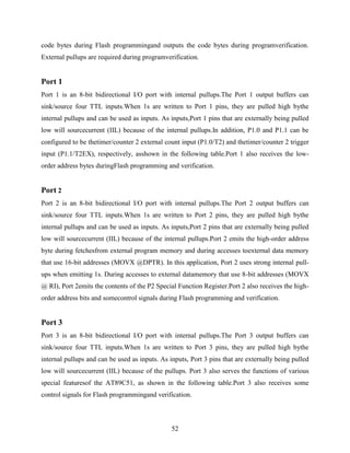 code bytes during Flash programmingand outputs the code bytes during programverification. 
External pullups are required during programverification. 
Port 1 
Port 1 is an 8-bit bidirectional I/O port with internal pullups.The Port 1 output buffers can 
sink/source four TTL inputs.When 1s are written to Port 1 pins, they are pulled high bythe 
internal pullups and can be used as inputs. As inputs,Port 1 pins that are externally being pulled 
low will sourcecurrent (IIL) because of the internal pullups.In addition, P1.0 and P1.1 can be 
configured to be thetimer/counter 2 external count input (P1.0/T2) and thetimer/counter 2 trigger 
input (P1.1/T2EX), respectively, asshown in the following table.Port 1 also receives the low-order 
address bytes duringFlash programming and verification. 
Port 2 
Port 2 is an 8-bit bidirectional I/O port with internal pullups.The Port 2 output buffers can 
sink/source four TTL inputs.When 1s are written to Port 2 pins, they are pulled high bythe 
internal pullups and can be used as inputs. As inputs,Port 2 pins that are externally being pulled 
low will sourcecurrent (IIL) because of the internal pullups.Port 2 emits the high-order address 
byte during fetchesfrom external program memory and during accesses toexternal data memory 
that use 16-bit addresses (MOVX @DPTR). In this application, Port 2 uses strong internal pull-ups 
when emitting 1s. During accesses to external datamemory that use 8-bit addresses (MOVX 
@ RI), Port 2emits the contents of the P2 Special Function Register.Port 2 also receives the high-order 
address bits and somecontrol signals during Flash programming and verification. 
Port 3 
Port 3 is an 8-bit bidirectional I/O port with internal pullups.The Port 3 output buffers can 
sink/source four TTL inputs.When 1s are written to Port 3 pins, they are pulled high bythe 
internal pullups and can be used as inputs. As inputs, Port 3 pins that are externally being pulled 
low will sourcecurrent (IIL) because of the pullups. Port 3 also serves the functions of various 
special featuresof the AT89C51, as shown in the following table.Port 3 also receives some 
control signals for Flash programmingand verification. 
52 
 