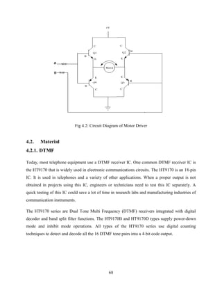 Fig 4.2: Circuit Diagram of Motor Driver 
68 
4.2. Material 
4.2.1. DTMF 
Today, most telephone equipment use a DTMF receiver IC. One common DTMF receiver IC is 
the HT9170 that is widely used in electronic communications circuits. The HT9170 is an 18-pin 
IC. It is used in telephones and a variety of other applications. When a proper output is not 
obtained in projects using this IC, engineers or technicians need to test this IC separately. A 
quick testing of this IC could save a lot of time in research labs and manufacturing industries of 
communication instruments. 
The HT9170 series are Dual Tone Multi Frequency (DTMF) receivers integrated with digital 
decoder and band split filter functions. The HT9170B and HT9170D types supply power-down 
mode and inhibit mode operations. All types of the HT9170 series use digital counting 
techniques to detect and decode all the 16 DTMF tone pairs into a 4-bit code output. 
 