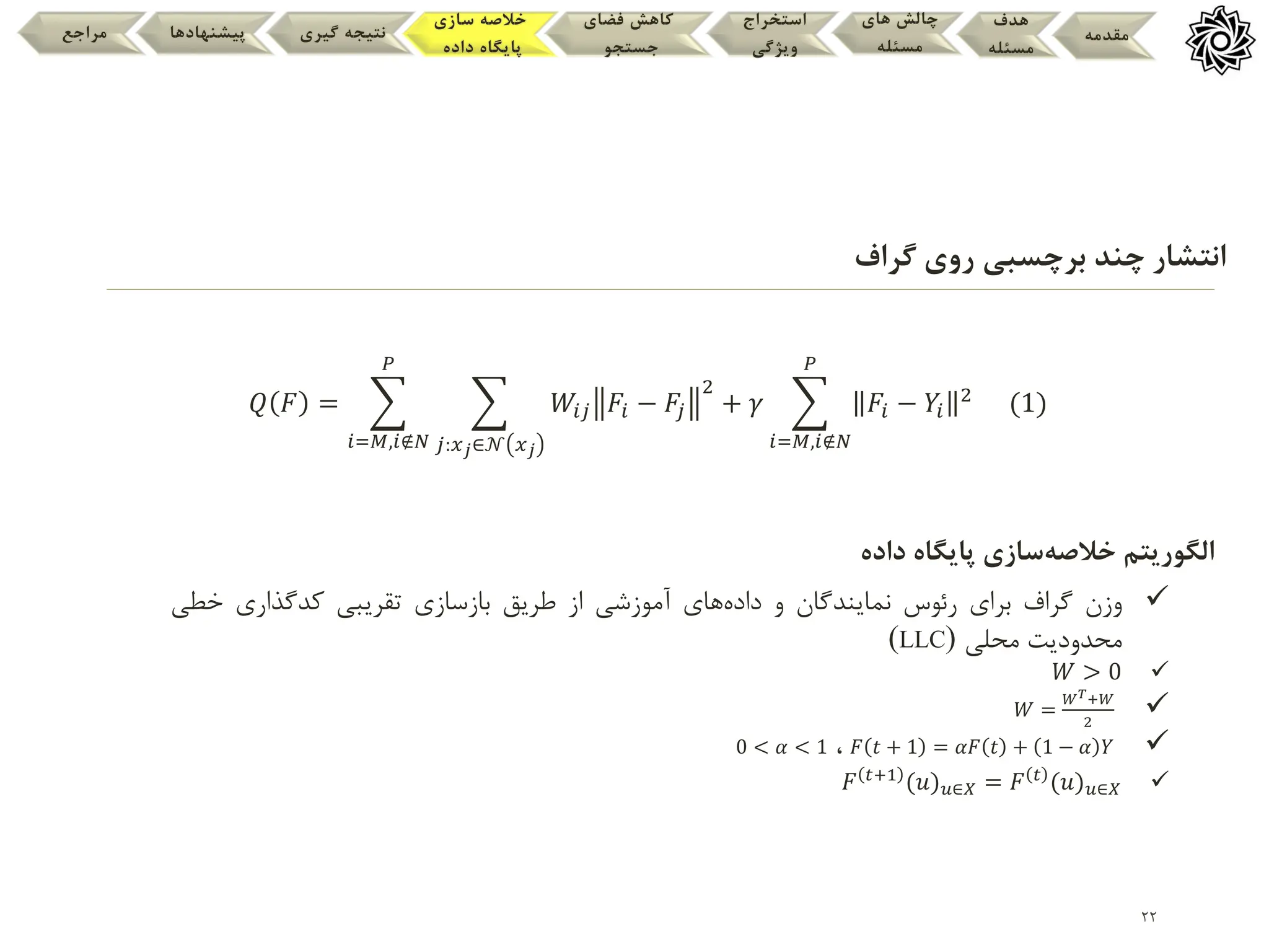 22
‫گراف‬ ‫روی‬ ‫برچسبی‬ ‫چند‬ ‫انتشار‬
‫مقدمه‬
‫هدف‬
‫مسئله‬
‫های‬ ‫چالش‬
‫مسئله‬
‫استخراج‬
‫ویژگی‬
‫فضای‬ ‫کاهش‬
‫جستجو‬
‫سازی‬ ‫خالصه‬
‫داده‬ ‫پایگاه‬
‫گیری‬ ‫نتیجه‬
‫پیشنهادها‬
‫مراجع‬
𝑄 𝐹 =
𝑖=𝑀,𝑖∉𝑁
𝑃
𝑗:𝑥𝑗∈𝒩 𝑥𝑗
𝑊𝑖𝑗 𝐹𝑖 − 𝐹
𝑗
2
+ 𝛾
𝑖=𝑀,𝑖∉𝑁
𝑃
𝐹𝑖 − 𝑌𝑖
2
(1)

‫وزن‬
‫گراف‬
‫برای‬
‫رئوس‬
‫نمایندگان‬
‫و‬
‫داده‬
‫های‬
‫آموزشی‬
‫از‬
‫طریق‬
‫بازسازی‬
‫تقریبی‬
‫کدگذاری‬
‫خطی‬
‫محدودیت‬
‫محلی‬
(
LLC
)

𝑊 > 0

𝑊 =
𝑊𝑇+𝑊
2

𝐹 𝑡 + 1 = 𝛼𝐹 𝑡 + 1 − 𝛼 𝑌
،
0 < 𝛼 < 1

𝐹 𝑡+1
(𝑢)𝑢∈𝑋 = 𝐹 𝑡
(𝑢)𝑢∈𝑋
‫خالصه‬ ‫الگوریتم‬
‫داده‬ ‫پایگاه‬ ‫سازی‬
 