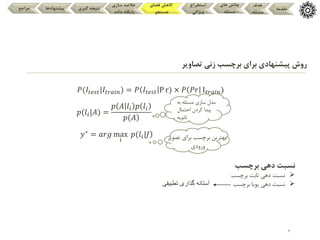 9
‫مقدمه‬
‫هدف‬
‫مسئله‬
‫های‬ ‫چالش‬
‫مسئله‬
‫استخراج‬
‫ویژگی‬
‫فضای‬ ‫کاهش‬
‫جستجو‬
‫سازی‬ ‫خالصه‬
‫داده‬ ‫پایگاه‬
‫گیری‬ ‫نتیجه‬
‫پیشنهادها‬
‫مراجع‬
𝑃(𝐼𝑡𝑒𝑠𝑡|𝐼𝑡𝑟𝑎𝑖𝑛) = 𝑃 𝐼𝑡𝑒𝑠𝑡 P r) × 𝑃 𝑃𝑟 I𝑡𝑟𝑎𝑖𝑛)
𝑝(𝑙𝑖|𝐴) =
𝑝 𝐴 𝑙𝑖 𝑝 𝑙𝑖
)
𝑝(𝐴
𝑦∗ = 𝑎𝑟𝑔 max
i
)
𝑝(𝑙𝑖|𝐽 ‫برای‬ ‫برچسب‬ ‫بهترین‬
‫تصویر‬
‫ورودی‬
‫برای‬ ‫پیشنهادی‬ ‫روش‬
‫تصاویر‬ ‫زنی‬ ‫برچسب‬
‫به‬ ‫مسئله‬ ‫سازی‬ ‫مدل‬
‫احتمال‬ ‫کردن‬ ‫پیدا‬
‫ثانویه‬
‫برچسب‬ ‫دهی‬ ‫نسبت‬

‫برچسب‬ ‫ثابت‬ ‫دهی‬ ‫نسبت‬

‫برچسب‬ ‫پویا‬ ‫دهی‬ ‫نسبت‬
‫آستانه‬
‫تطبیقی‬ ‫گذاری‬
 