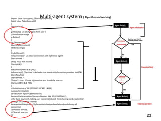 Multi-agent system
Import Jade.core.agent; //Package Importing                                     ( Algorithm and working)
Public class TicketBookMAS
{
StartupQPA()
{
getInput(){ // taking input from user }
//Intialization stage
g.Action()
{
NLP Processing ();
QueryOptimization();
Webcrawling();
}
R=Get.Result();
mkConnect(IA) // Make connection with inference agent
Start thread 1
Delay 1000 mili second;
Startup IA()
{
Mkconnect(PPRA && QPA);
Inferencing(); //optimal ticket selection based on information provided by QPA
StoreResults();
Start thread 2
Thread1 stop //store information and break the process
Startup (SBTA && TRA)
{
//Initialization of SSL (SECURE SOCKET LAYER)
Autoauthenticate();
Q= resultant input=Optimal ticket;
RequestForReservation(Iternary Number like 152895623462);
//for bank payment , taking user concern first and then sharing bank crediential
through secure XML channel
Reservation Complted; //information displayed and stored and closing all
connection
Terminate thread 1
//Close all processs
}}}                                                                                                        23
 