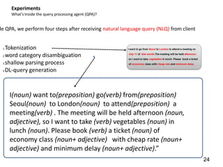 Experiments
       What's Inside the query processing agent (QPA)?


de QPA, we perform four steps after receiving natural language query (NLQ) from client


  1.Tokenization
  2.word category disambiguation

  3.shallow parsing process

  4.DL-query generation




       I(noun) want to(preposition) go(verb) from(preposition)
       Seoul(noun) to London(noun) to attend(preposition) a
       meeting(verb) . The meeting will be held afternoon (noun,
       adjective), so I want to take (verb) vegetables (noun) in
       lunch (noun). Please book (verb) a ticket (noun) of
       economy class (noun+ adjective) with cheap rate (noun+
       adjective) and minimum delay (noun+ adjective).”
                                                                                         24
 