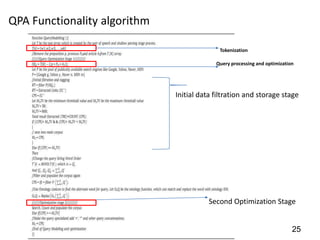 QPA Functionality algorithm

                                            Tokenization

                                           Query processing and optimization




                              Initial data filtration and storage stage




                                         Second Optimization Stage


                                                                           25
 