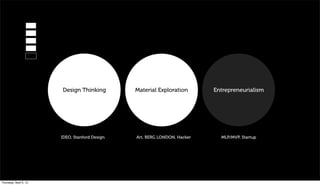 Design Thinking         Material Exploration       Entrepreneurialism




                        IDEO, Stanford Design   Art, BERG LONDON, Hacker     MLP/MVP, Startup




Thursday, April 5, 12
 