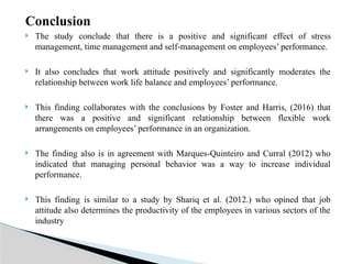 Conclusion
 The study conclude that there is a positive and significant effect of stress
management, time management and self-management on employees’ performance.
 It also concludes that work attitude positively and significantly moderates the
relationship between work life balance and employees’ performance.
 This finding collaborates with the conclusions by Foster and Harris, (2016) that
there was a positive and significant relationship between flexible work
arrangements on employees’ performance in an organization.
 The finding also is in agreement with Marques-Quinteiro and Curral (2012) who
indicated that managing personal behavior was a way to increase individual
performance.
 This finding is similar to a study by Shariq et al. (2012.) who opined that job
attitude also determines the productivity of the employees in various sectors of the
industry
 