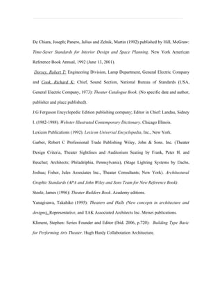 De Chiara, Joseph; Panero, Julius and Zelnik, Martin (1992) published by Hill, McGraw:

Time-Saver Standards for Interior Design and Space Planning. New York American

Reference Book Annual, 1992 (June 13, 2001).

Dorsey, Robert T: Engineering Division, Lamp Department, General Electric Company

and Cook, Richard K: Chief, Sound Section, National Bureau of Standards (USA,

General Electric Company, 1973): Theater Catalogue Book. (No specific date and author,

publisher and place published).

J.G Ferguson Encyclopedic Edition publishing company; Editor in Chief: Landau, Sidney

I. (1982-1988). Webster Illustrated Contemporary Dictionary. Chicago Illinois.

Lexicon Publications (1992). Lexicon Universal Encyclopedia, Inc., New York.

Garber, Robert C Professional Trade Publishing Wiley, John & Sons. Inc. (Theater

Design Criteria, Theater Sightlines and Auditorium Seating by Frank, Peter H. and

Beuchat; Architects; Philadelphia, Pennsylvania), (Stage Lighting Systems by Dachs,

Joshua; Fisher, Jules Associates Inc., Theater Consultants; New York). Architectural

Graphic Standards (APA and John Wiley and Sons Team for New Reference Book).

Steele, James (1996): Theater Builders Book. Academy editions.

Yanagisawa, Takahiko (1995): Theaters and Halls (New concepts in architecture and

designs). Representative, and TAK Associated Architects Inc. Meisei publications.

Kliment, Stephen: Series Founder and Editor (Ibid. 2006, p.720): Building Type Basic

for Performing Arts Theater. Hugh Hardy Collabotation Architecture.
 