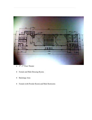 •   2nd -3rd Floor Theater


•   Female and Male Dressing Rooms


•   Backstage Area


•   Female (with Powder Room) and Male Restrooms
 