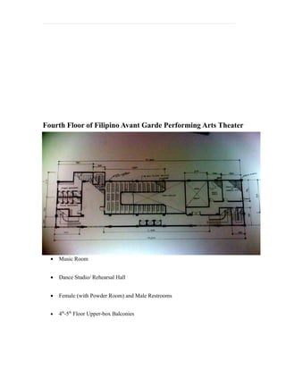 Fourth Floor of Filipino Avant Garde Performing Arts Theater




  •   Music Room


  •   Dance Studio/ Rehearsal Hall


  •   Female (with Powder Room) and Male Restrooms


  •   4th-5th Floor Upper-box Balconies
 