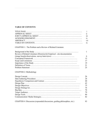 TABLE OF CONTENTS

TITLE PAGE …………………………………………………………………………….                                     i
APPROVAL SHEET ……………………………………………………………………                                    ii
JURY’S APPROVAL SHEET …………………………………………………………..                               iii
ACKNOWLEDGEMENT………………………………………………………………..                                    iv
ABSTRACT………………………………………………………………………………                                       vii
TABLE OF CONTENTS………………………………………………………………….                                  ix

CHAPTER 1: The Problem and a Review of Related Literature

Background of the Study ……………………………………………………………                              1
Review of Related Literature (Historical & Empirical - site documentation
(image boards/observations, survey/interviews) ………………………………                  6
Conceptual Framework ……………………………………………………………                                15
Scope and Limitations ……………………………………………………………..                             17
Importance of the Study …………………………………………………………..                            19
Definition of Terms …………………………………………………………………..                             21
Problem Statement ……………………………………………………………………                                25

CHAPTER 2: Methodology

Design Concept ………………………………………………………………………                                  26
Data Gathering Procedures ………………………………………………………..                           28
Hypothesis/ Comparison and Contrast …………………………………………..                      40
Design Plan …………………………………………………………………………….                                  42
Design Objectives……………………………………………………………………..                               75
Design Strategy/ies.………..………………………………………………………….                            76
Big Idea…..………………………………………………………………………………                                   78
Target Audience……………………………………………………………………….                                 79
Design Tools……………………………………………………………………………..                                 80
Communication/ Media Strategies……………………………………………………..                       82

CHAPTER 4: Discussion (expounded discussions, guiding philosophies, etc.)   83
 