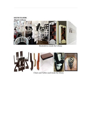 SIXTH FLOOR
Theater Library




                         Bookshelves inside the Library




                  Chairs and Tables used inside the library
 