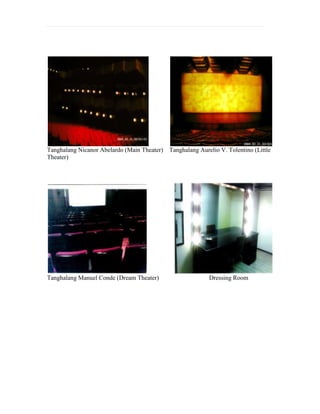 Starting from second to fifth floor, the flooring used outside the theater (the hallway) would be square shaped tiles with octagon pattern at the center of each tile. Then the red carpet was used as the flooring for the whole theater. Every floor has a cutting line which means “the half of the theater is a continuation from another floor”, and then the “x” sign shows that it is open below or extended to fifth floor. The material used from wall treatment, all furniture piece, floor treatment and the ceiling designs came from Philippine natural resources (made of: abaca, narra wood, and bamboo finishes). Avant Garde is also applied through Interior Designs).Fourth Floor of Filipino Avant Garde Performing Arts Theater<br />Music Room