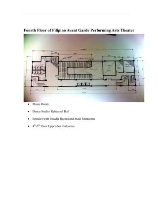 The theater ceiling has: floods and batten type-shape “E”, cyclorama, par lanterns, and scene /effects projector. Has warm mesh for sound absorption.