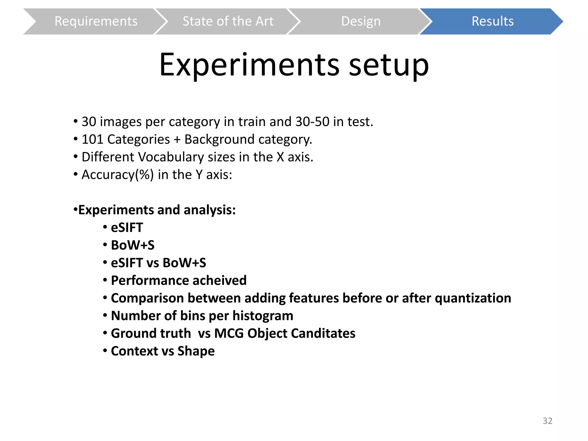 Requirements State of the Art Design Results 
Experiments setup 
32 
• 30 images per category in train and 30-50 in test. 
• 101 Categories + Background category. 
• Different Vocabulary sizes in the X axis. 
• Accuracy(%) in the Y axis: 
•Experiments and analysis: 
• eSIFT 
• BoW+S 
• eSIFT vs BoW+S 
• Performance acheived 
• Comparison between adding features before or after quantization 
• Number of bins per histogram 
• Ground truth vs MCG Object Canditates 
• Context vs Shape 
 