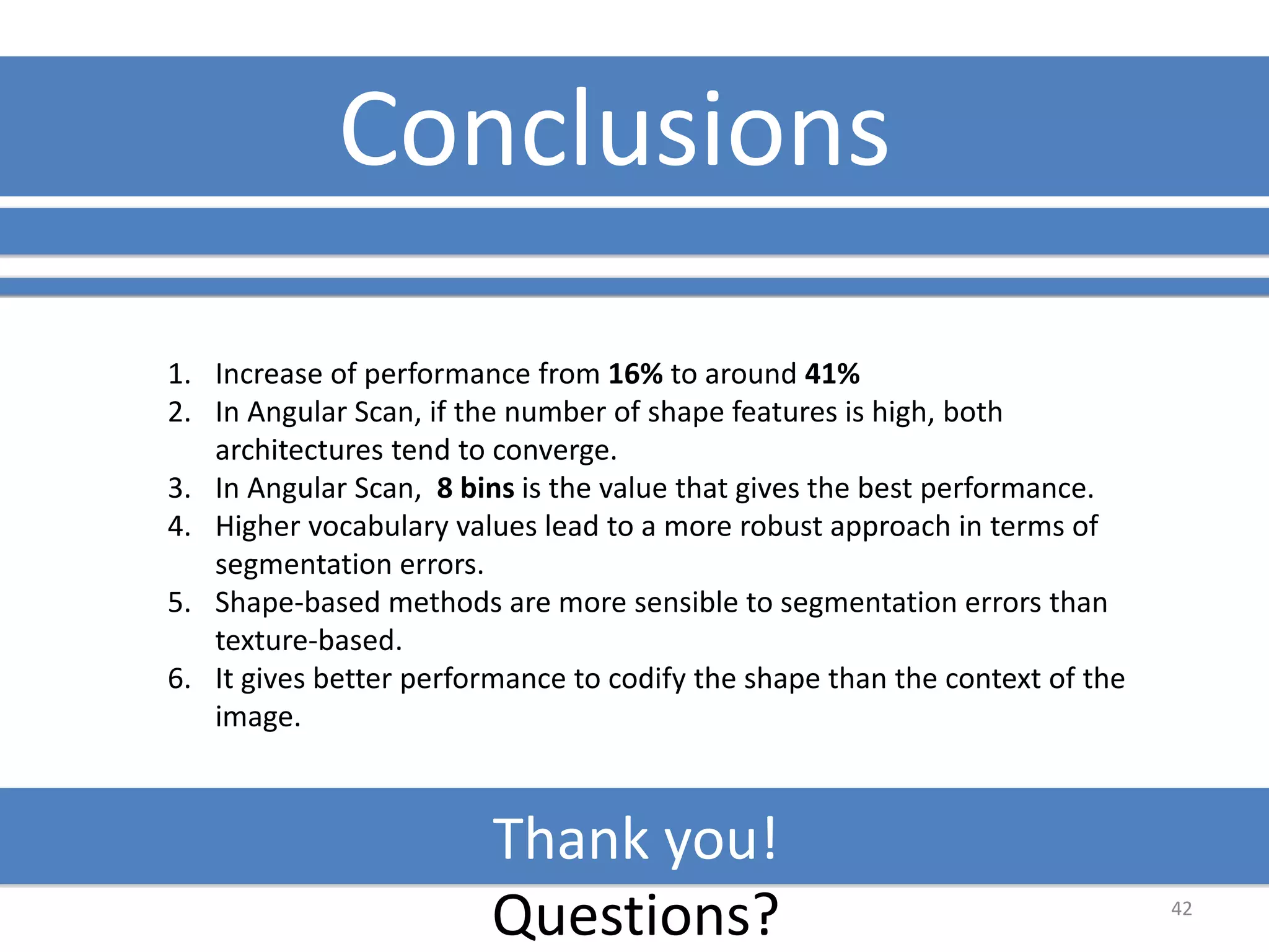 Conclusions 
1. Increase of performance from 16% to around 41% 
2. In Angular Scan, if the number of shape features is high, both 
architectures tend to converge. 
3. In Angular Scan, 8 bins is the value that gives the best performance. 
4. Higher vocabulary values lead to a more robust approach in terms of 
segmentation errors. 
5. Shape-based methods are more sensible to segmentation errors than 
texture-based. 
6. It gives better performance to codify the shape than the context of the 
image. 
Thank you! 
Questions? 42 
