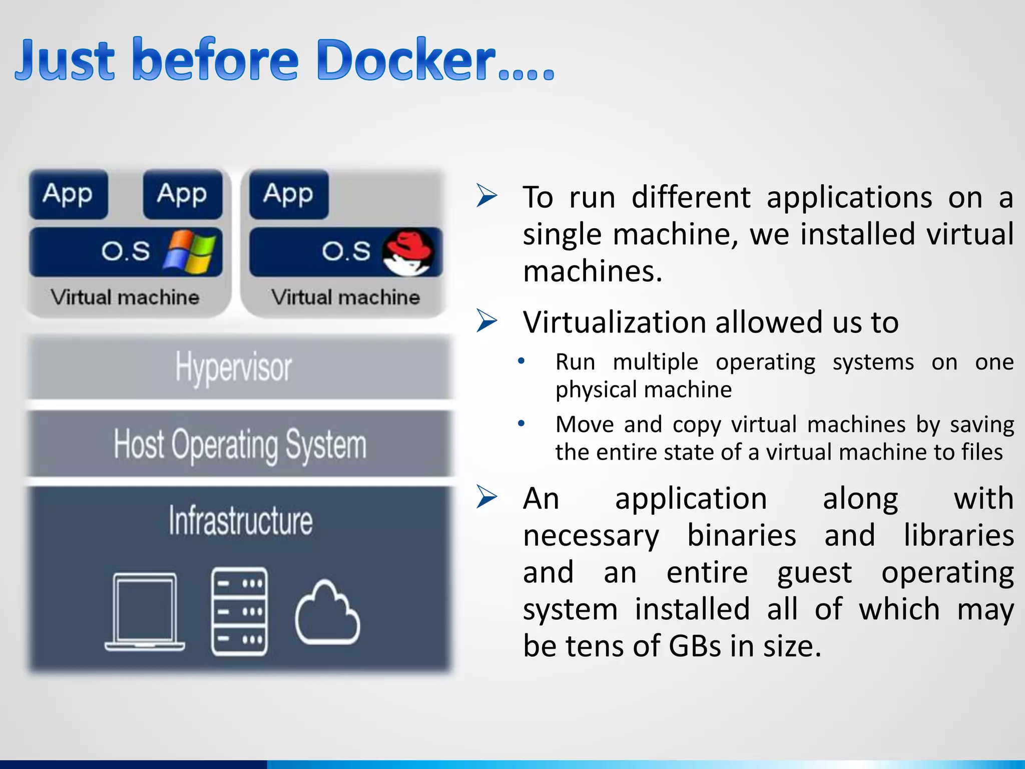  To run different applications on a
single machine, we installed virtual
machines.
 Virtualization allowed us to
• Run multiple operating systems on one
physical machine
• Move and copy virtual machines by saving
the entire state of a virtual machine to files
 An application along with
necessary binaries and libraries
and an entire guest operating
system installed all of which may
be tens of GBs in size.
 