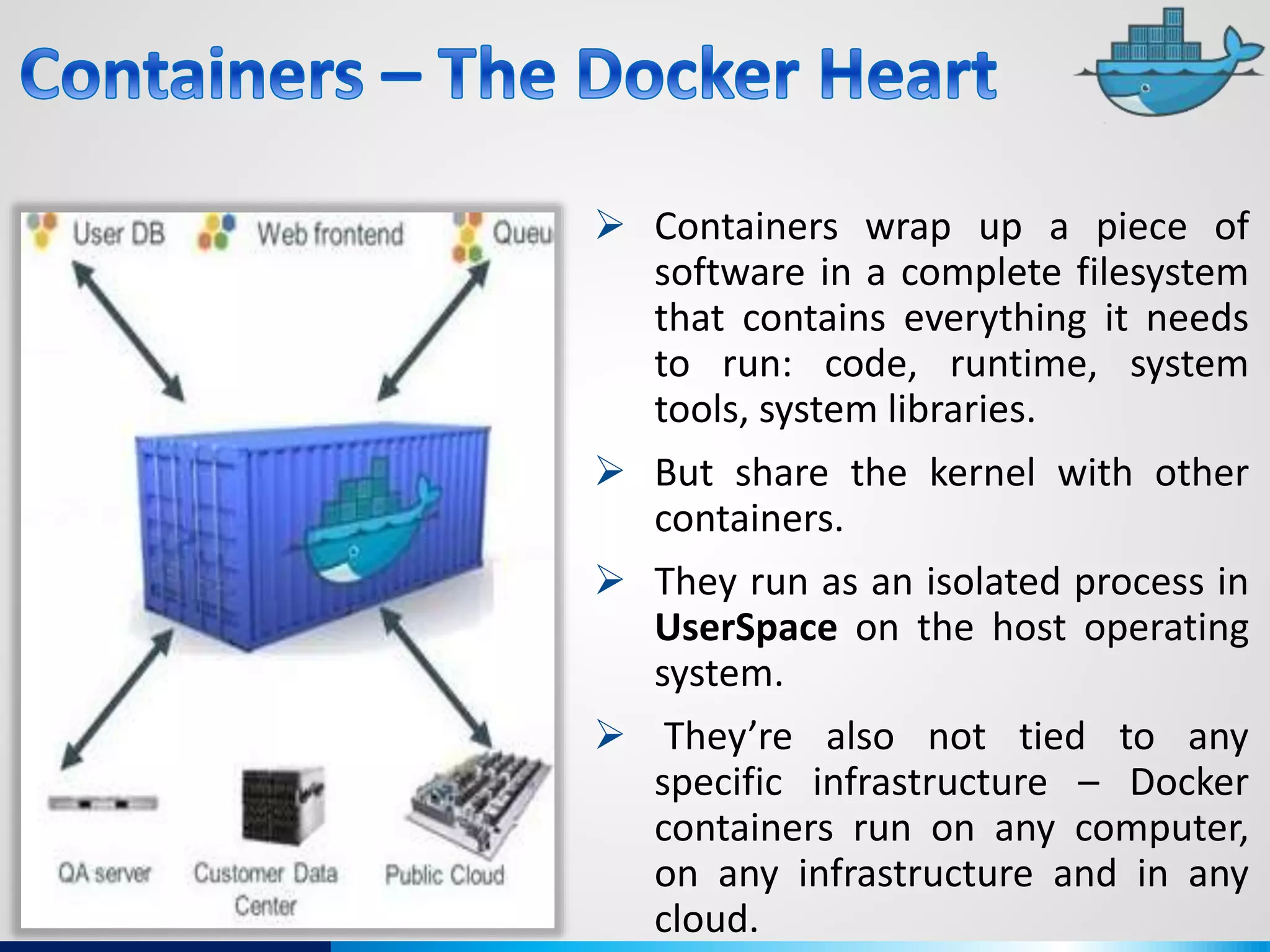  Containers wrap up a piece of
software in a complete filesystem
that contains everything it needs
to run: code, runtime, system
tools, system libraries.
 But share the kernel with other
containers.
 They run as an isolated process in
UserSpace on the host operating
system.
 They’re also not tied to any
specific infrastructure – Docker
containers run on any computer,
on any infrastructure and in any
cloud.
 