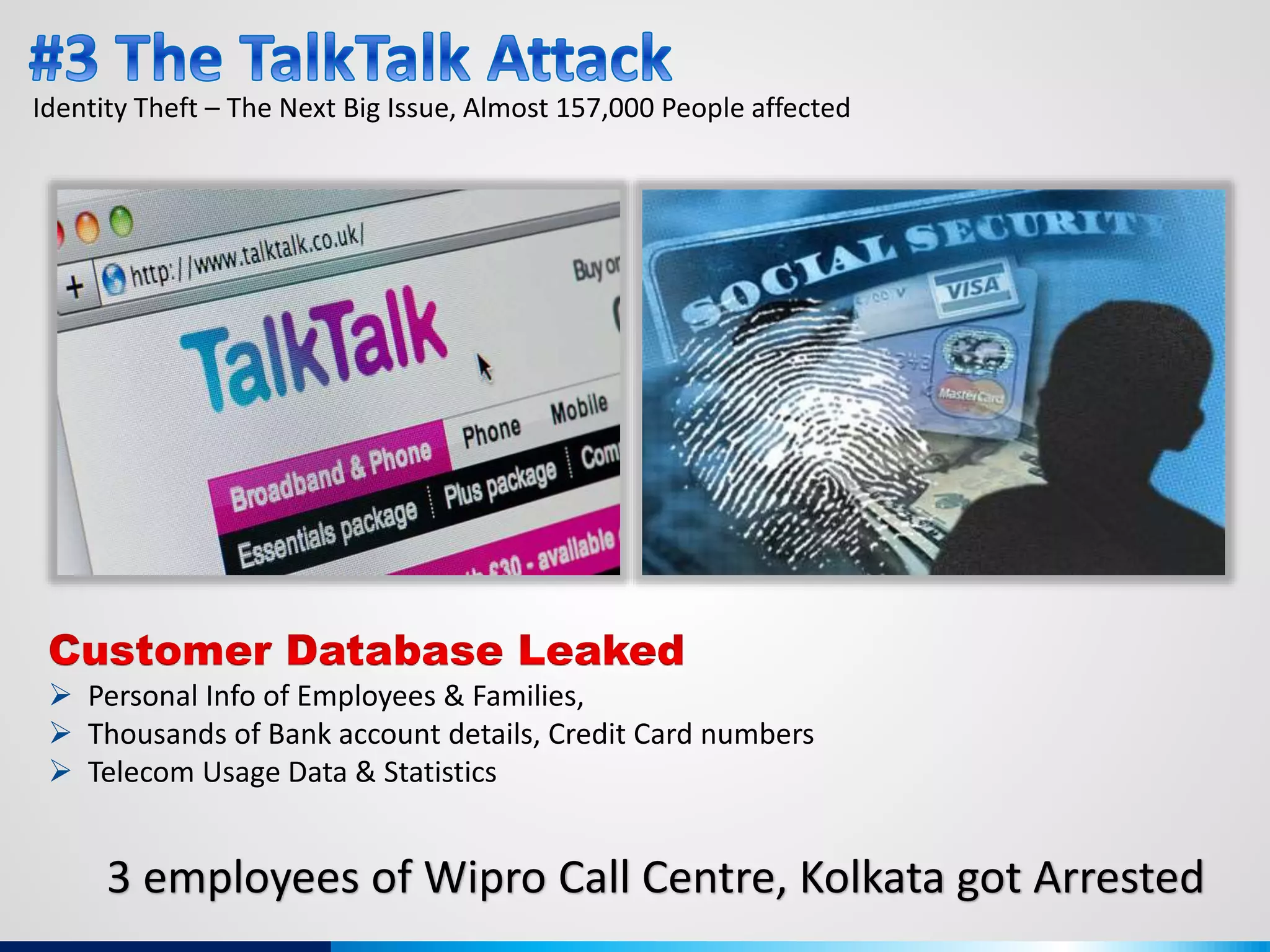 Identity Theft – The Next Big Issue, Almost 157,000 People affected
3 employees of Wipro Call Centre, Kolkata got Arrested
 Personal Info of Employees & Families,
 Thousands of Bank account details, Credit Card numbers
 Telecom Usage Data & Statistics
 