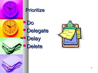 Prioritize

 Do

 Delegate

 Delay

 Delete




             11
 