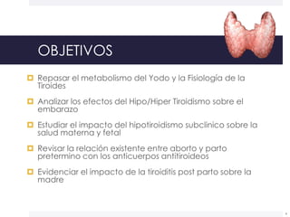 OBJETIVOS
 Repasar el metabolismo del Yodo y la Fisiología de la
Tiroides
 Analizar los efectos del Hipo/Hiper Tiroidism...