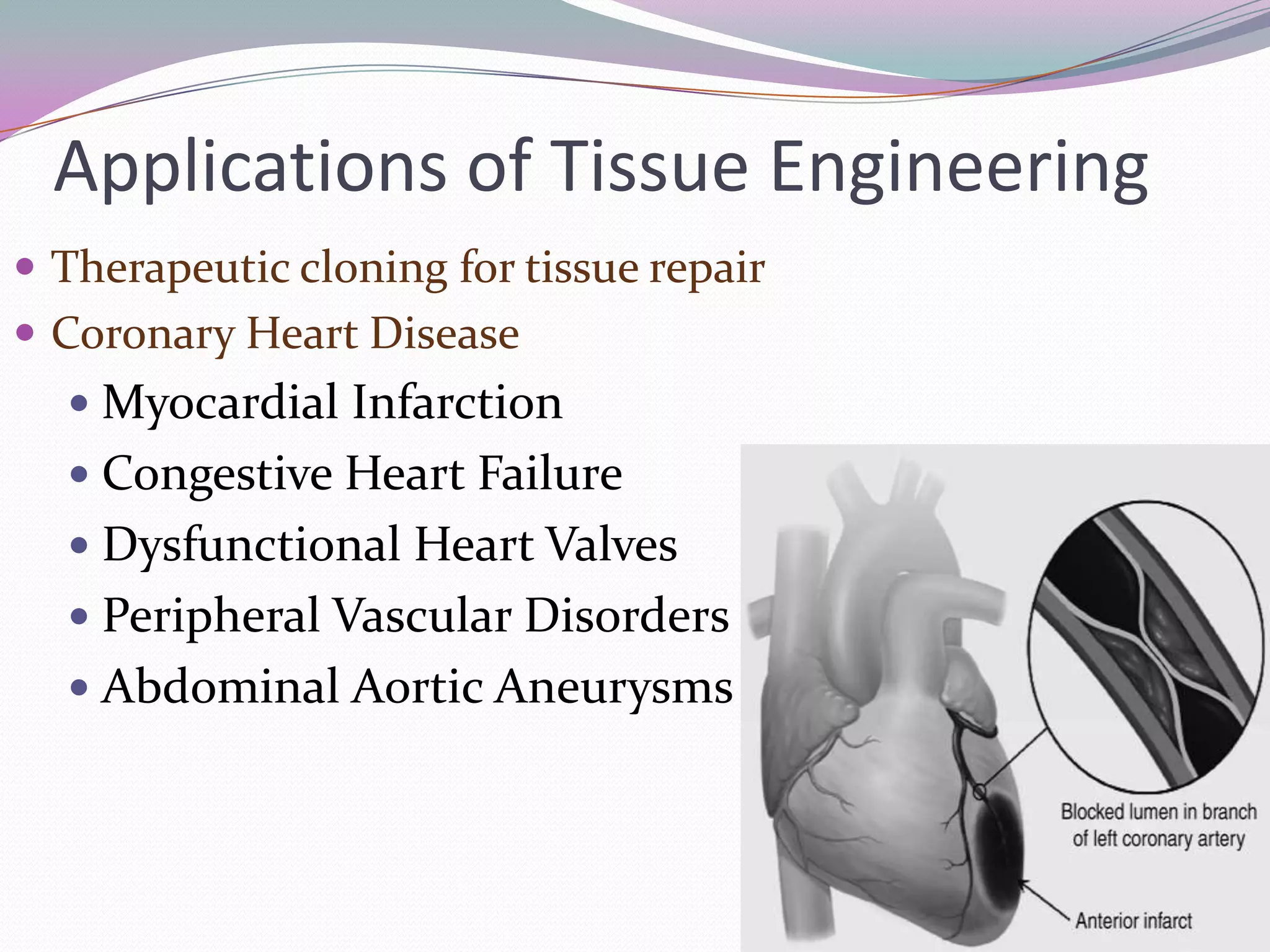Applications of Tissue Engineering
 Therapeutic cloning for tissue repair
 Coronary Heart Disease
   Myocardial Infarction
   Congestive Heart Failure
   Dysfunctional Heart Valves
   Peripheral Vascular Disorders
   Abdominal Aortic Aneurysms
 