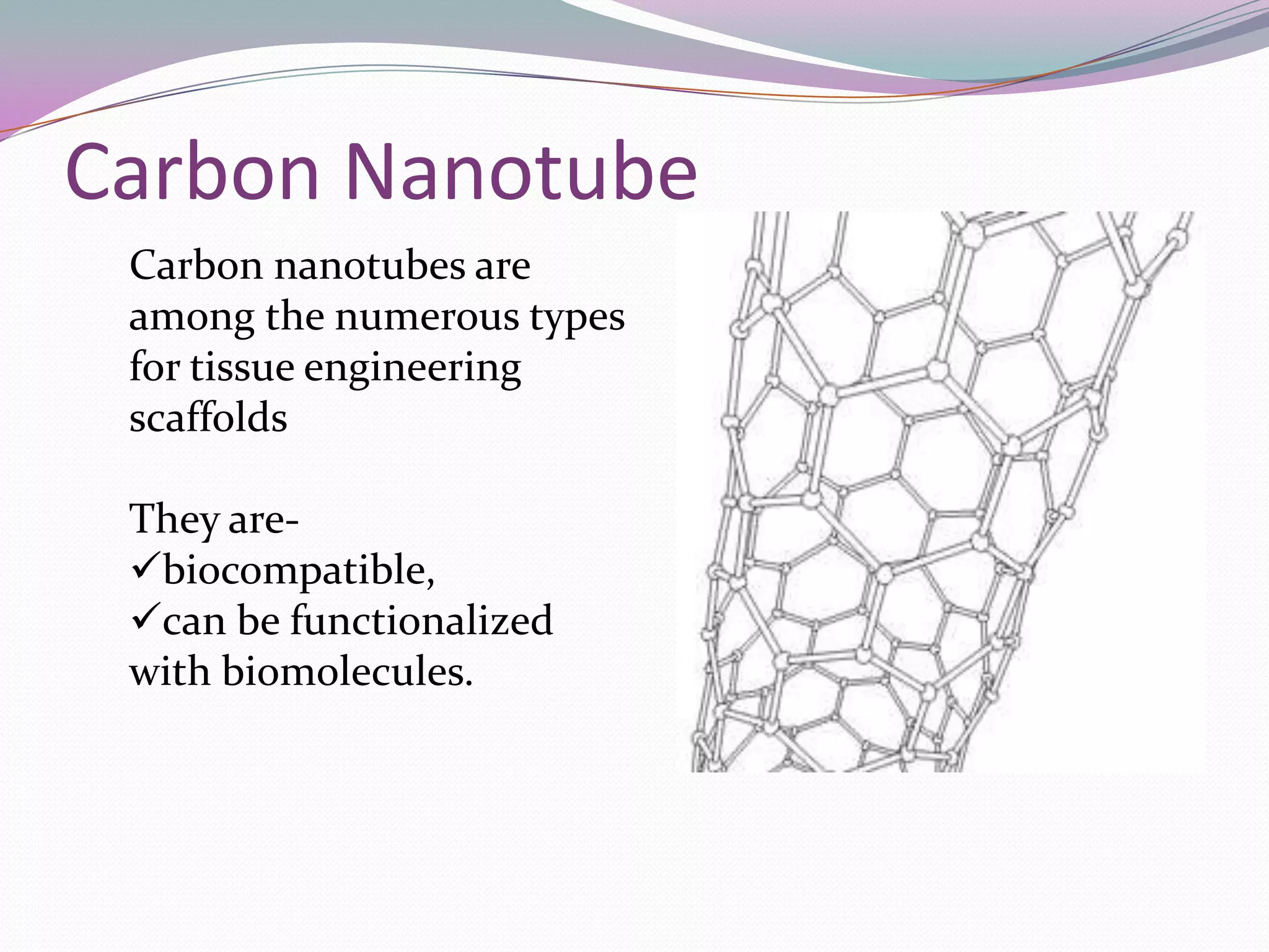 Carbon Nanotube
 Carbon nanotubes are
 among the numerous types
 for tissue engineering
 scaffolds

 They are-
 biocompatible,
 can be functionalized
 with biomolecules.
 