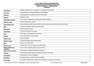 K to 12 BASIC EDUCATION CURRICULUM
TECHNOLOGY AND LIVELIHOOD EDUCATION
K to 12 TLE-Home Economics – Dressmaking Curriculum Guide December 2013 * LO – Learning Outcome Page 15 of 20
HOME ECONOMICS -- DRESSMAKING
GLOSSARY
Accessories articles of clothing worn to complete or to complement one’s outfit.
Accuracy the exactness of a measured distance or circumference
Altering changing portion of a garment so that it fits the body
Apparel clothing or dress
Bartacking machine This is used in reinforcing the opening and closing of pockets
Balance wheel sets the mechanism in motion.
Band wheel crank leads the balance wheel through the belt connection. Band wheel crank moves the band wheel.
Belt connects the balance wheel to the drive wheel.
Belt guide holds the belt to its place.
Belt shifter removes the belt from the wheel.
Bias cloth that us cut slantwise across the grain
Bobbin is a metal spool for winding thread.
Bobbin case holds the bobbin.
Bobbin winder controls the bobbin while winding thread.
Bust lift your arms to the side.
Bust to bust measure from your one nipple to your other nipple.
Button attachment
machine
This is used in attaching buttons to the garments.
Button holer machine This is used in making buttonholes on garments.
Cabinet holds the head of the machine by interlocking screw on the hinges.
Calculation the process or an act of calculating
Calculator an electronic device used for speed computation
Conversion a change of figures like changing from centimeters to inches and vice versa
 