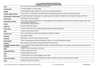 K to 12 BASIC EDUCATION CURRICULUM
TECHNOLOGY AND LIVELIHOOD EDUCATION
K to 12 TLE-Home Economics – Dressmaking Curriculum Guide December 2013 * LO – Learning Outcome Page 16 of 20
Cost the amount paid or charge for something that is acquired
Cutting tools a cutting implement; a tool for cutting.
Design the arrangement of parts, details, forms, and colors to produce something new
Double needle machine This is used in the construction of the different kinds of clothing especially for the inseam, out seam and side seam.
Dressmaker’s carbon paper also called dressmaker‘s tracing paper is a specially waxed carbon paper that transfer‘s the tracing wheel‘s markings to the fabric.
Dress guard protects the dress from the wheel.
Embroidery machine
This is used in making fancy stitches and in making different kinds of embroidery stitches on fabrics for the barong tagalog, pillow cases,
linen, and other novelty items.
Fabric the cloth used in making garments.
Feed dog moves the fabric while sewing.
Firm weave a weave in which the yarns or threads are tightly twisted and placed close together
Flax a plant which produces linen fiber
French curve This is used to shape the depth of the neckhole and armhole of the pattern.
Garment any article of clothing
Grainline the direction in which the yarns or threads are woven
Hand needle used in making temporary stitches and buttonholes. Sizes of 7 to 10 are for general hand sewing.
Hemline the marked line at the bottom of the garment where the hem is turned
Hi-speed lockstitch sewing
machine
This is sometimes called „straight stitching machine‖ or industrial sewing machine. It has automatic lubrication and is used by tailors and
Dressmakers.
Hips measure around the fullest part of your hips.
Household fabrics curtains, carpets, bed linen, etc.
IMC Individual Measurement Chart
Knit connected loops of yarn with big needles to form a fabric
Label (for clothes) a card, fabric or paper marked and attached to an object to indicate its contents, manufacturer, care, and origin
Legs support the cabinet of the machine.
 