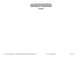 K to 12 BASIC EDUCATION CURRICULUM
TECHNOLOGY AND LIVELIHOOD EDUCATION
K to 12 TLE-Home Economics – Wellness Massage Curriculum Guide December 2013 * LO – Learning Outcome Page 7 of 8
HOME ECONOMICS – WELLNESS MASSAGE
GLOSSARY
 