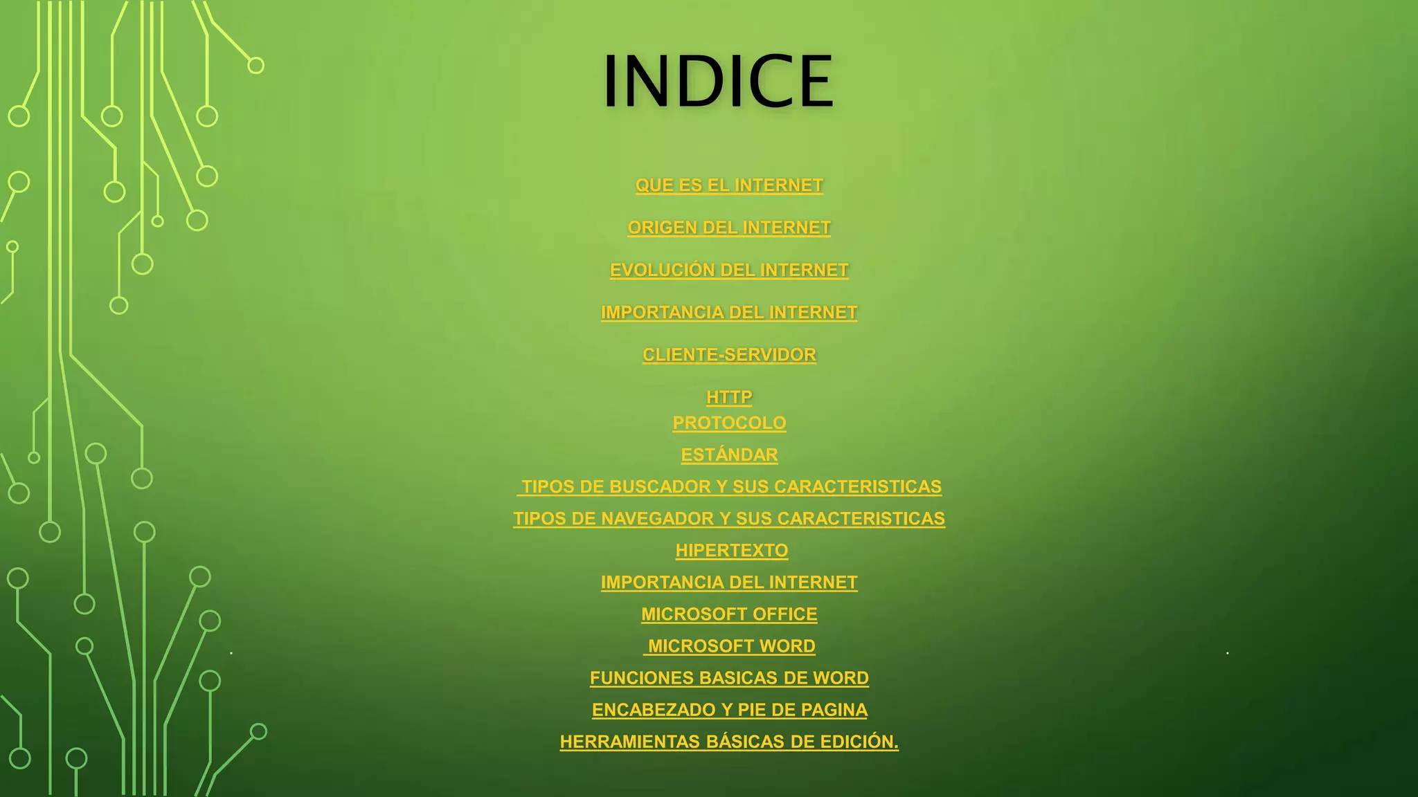 INDICE
QUE ES EL INTERNET
ORIGEN DEL INTERNET
EVOLUCIÓN DEL INTERNET
IMPORTANCIA DEL INTERNET
CLIENTE-SERVIDOR
HTTP
. .
PROTOCOLO
ESTÁNDAR
TIPOS DE BUSCADOR Y SUS CARACTERISTICAS
TIPOS DE NAVEGADOR Y SUS CARACTERISTICAS
HIPERTEXTO
IMPORTANCIA DEL INTERNET
MICROSOFT OFFICE
MICROSOFT WORD
FUNCIONES BASICAS DE WORD
ENCABEZADO Y PIE DE PAGINA
HERRAMIENTAS BÁSICAS DE EDICIÓN.
 