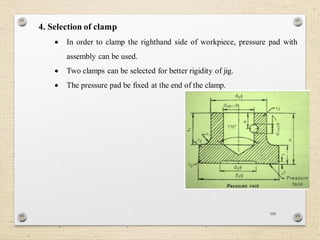 100
4. Selection of clamp
 In order to clamp the righthand side of workpiece, pressure pad with
assembly can be used.
 Two clamps can be selected for better rigidity of jig.
 The pressure pad be fixed at the end of the clamp.
 