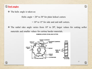 25
Tool angles
 The helix angle is taken as:
Helix angle = 20º to 30º for plain helical cutters
= 10º to 15º for side and end mill cutters.
 The radial rake angle varies from 10º to 20º, larger values for cutting softer
materials and smaller values for cutting harder materials.
 