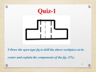 52
Quiz-1
# Draw the open type jig to drill the above workpiece at its
center and explain the components of the jig. (5%)
 